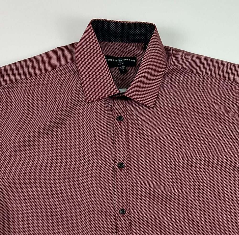Society of Threads Slim Fit Zig Zag Print Dress Shirt Burgundy L 16-16.5 34-35